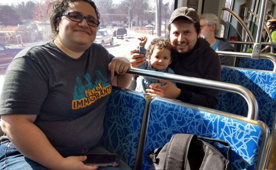 From left, Carolina Diaz, Eliana Diaz and Omar Cortes rode the Blue Line in northeast Charlotte on the first day. 