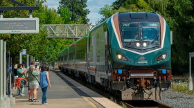 FILE - In this provided photo, a new Airo train enters the Salem station during testing in July 2026. The Amtrak Cascades route serves 18 stations between Vancouver, Canada and Eugene, Ore.