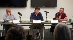 Tim Navarre, Phil Daniel and Alex Douthit participate in a candidate forum hosted by KDLL 91.9 FM at the Kenai Community Library in Kenai, Alaska, on Wednesday, Sept. 30, 2026.