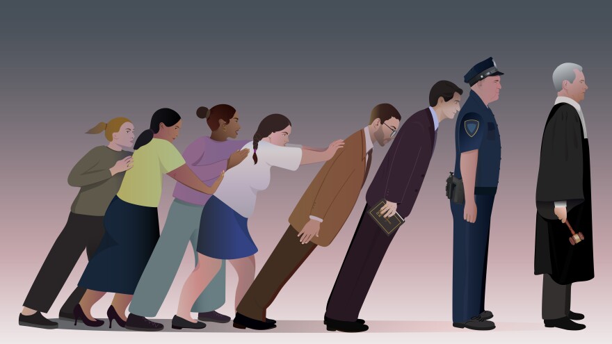 stylized illustration of a group of girls pushing against a line of rigid authority figures, who are starting to topple like dominoes