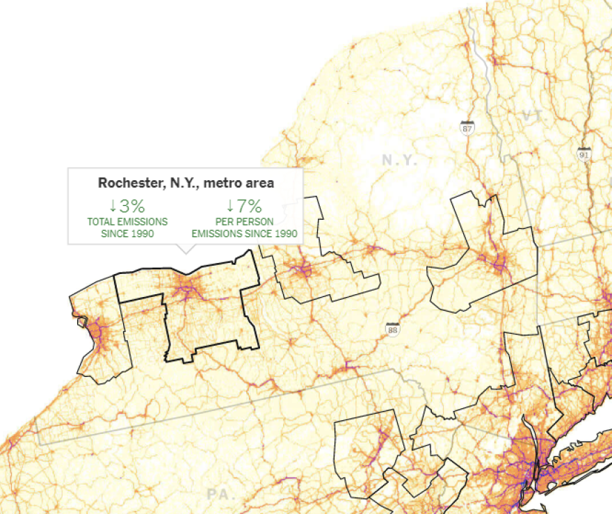 Carbon dioxide emissions from cars are down in the Rochester area, according to an analysis from the New York Times.