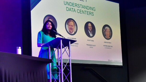 Councilmember At-Large Dimple Ajmera moderated panels about data centers during Thursday's town hall event.