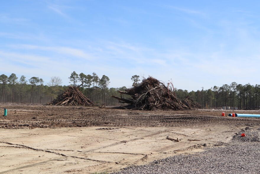 Two large burn piles of timber and underbrush on an empty, sandy lot off US-17. 