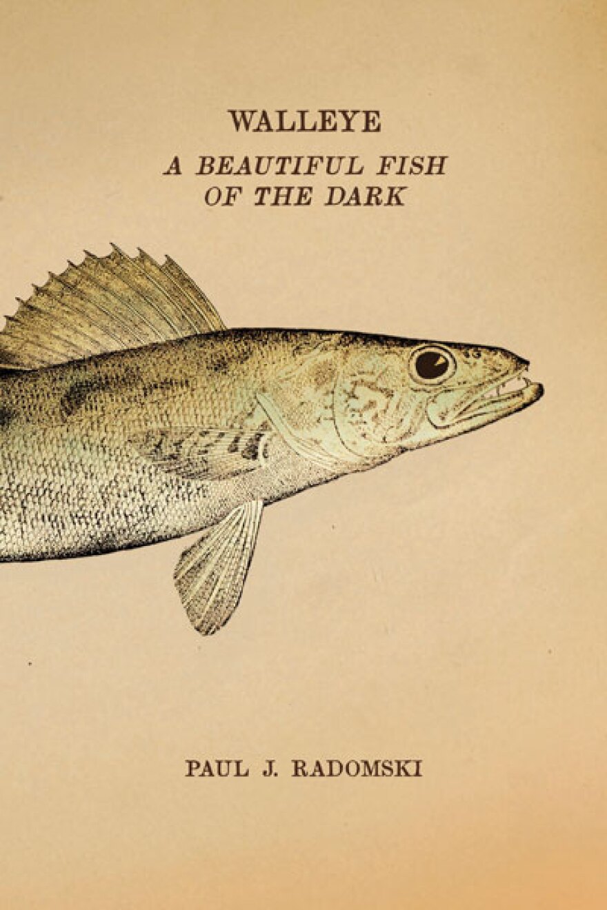 A sepia tone book cover with half of an illustrated walleye visible - book titled "Walleye A Beautiful Fish of the Dark" by Paul J. Radomski