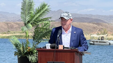U.S. Sen. Mark Kelly speaks at the signing of a historic water rights agreement on Friday, April 26, 2024 along the Colorado River near the BlueWater Resort and Casino in Parker, Ariz. Sen. Kelly is on the short list for the Democratic vice-presidential nomination.