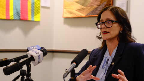 Senate Minority Leader Julia Kirt, D-Oklahoma City, takes questions from reporters during her weekly press conference with capitol reporters in the conference room by her office on March 13, 2025, at the Oklahoma State Capitol.