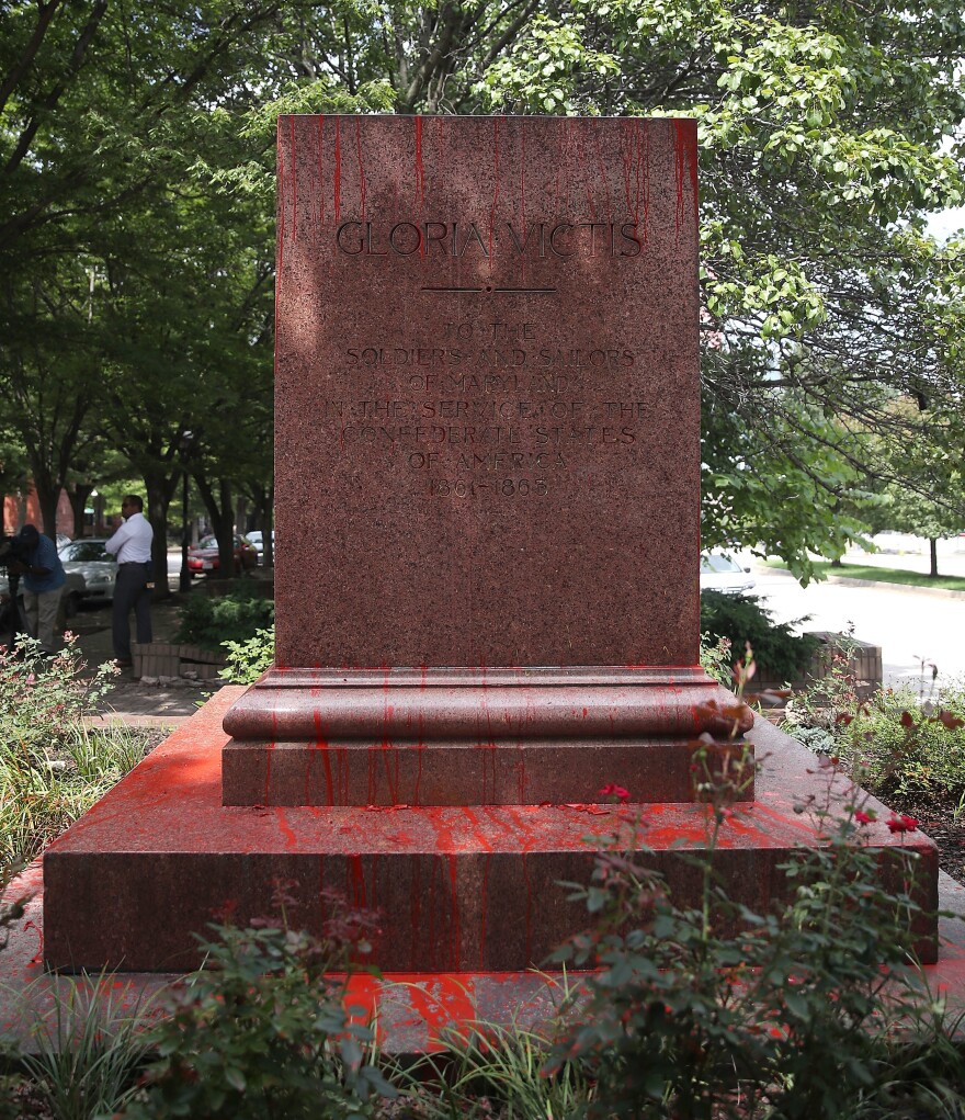 Red paint was thrown on the pedestal in Baltimore where the Confederate Soldiers and Sailors Monument once stood before city workers removed the statue on Aug. 16.