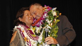 Hawaii Gov.-elect Josh Green, right, hugs his wife Jaime Green at the Democratic Party headquarters, Tuesday, Nov. 8, 2022, in Honolulu. (AP Photo/Marco Garcia)