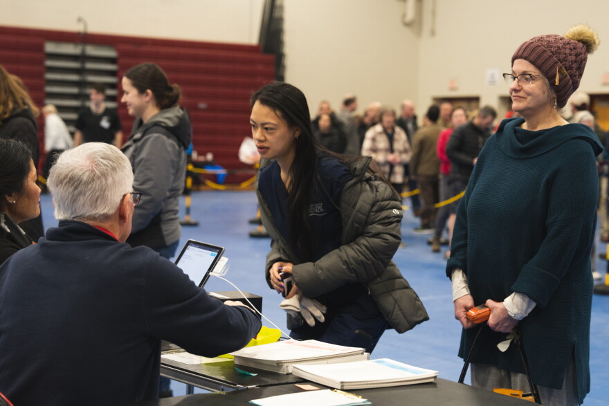 Jada Cheney was one of the young voters lined up at Bedford High School to vote this morning.