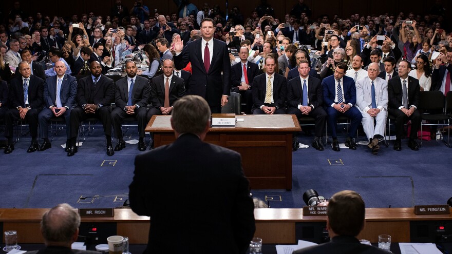 Former FBI Director James Comey is sworn in before testifying before the Senate intelligence committee on Capitol Hill on June 8, 2017, in Washington, D.C.