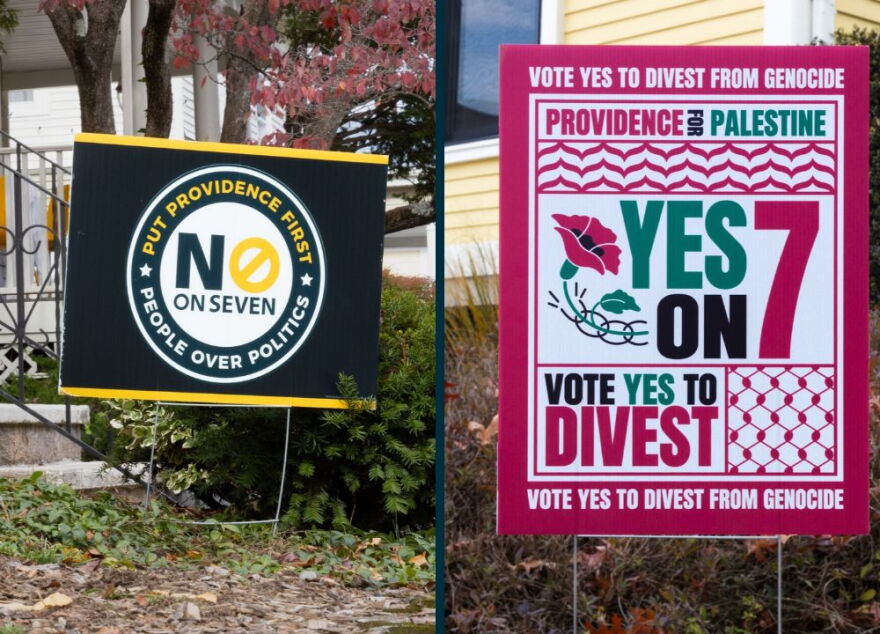 Campaign signs opposing and supporting Providence’s Question 7 are displayed ahead of the Nov. 3 election. The ballot measure would restrict city investments in companies and countries tied to certain human rights abuses, including genocide and military occupation. Credit: Audrey Hammond/ Ocean State Media