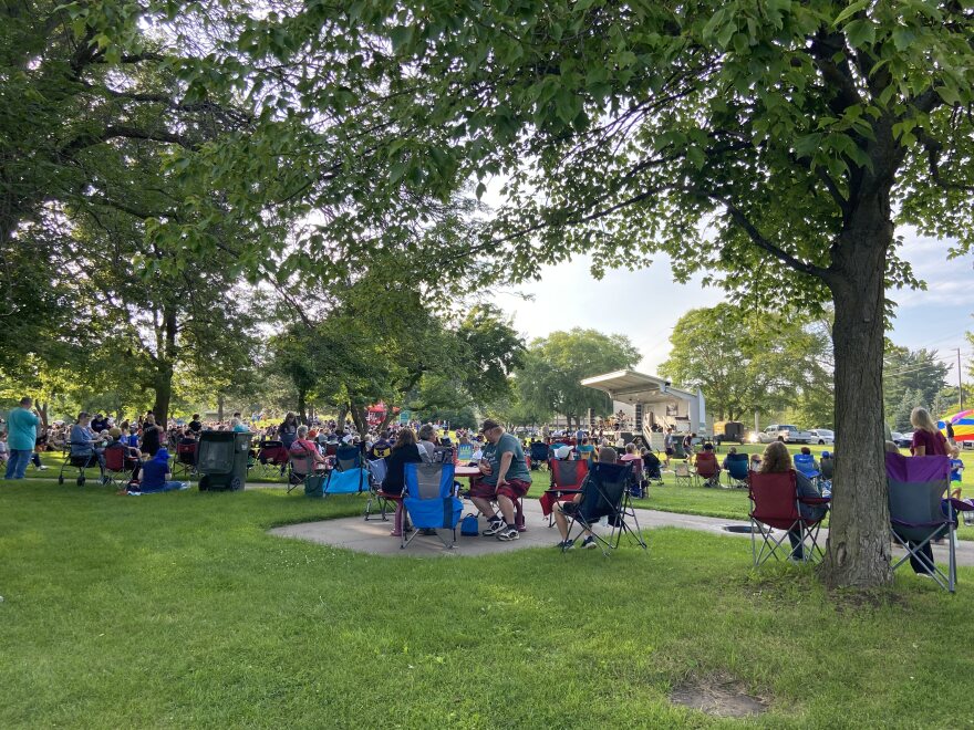 Community members gather at Tunes by the Tridge in Downtown Midland on July 10, 2025. The free concert featured a performance by The Resonators and included participants from the city’s LEAP program, which offers summer activities for adults with special needs.