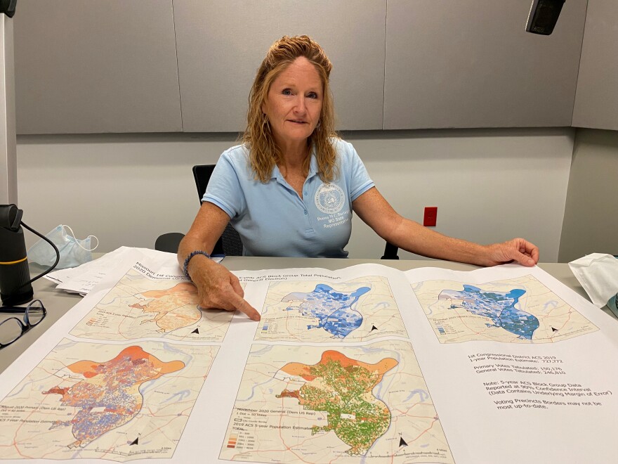 State Rep. Donna Baringer displays congressional maps before recording an episode of Politically Speaking on Aug. 24, 2021. The St. Louis Democrat is a member of a House committee on congressional redistricting.