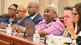 Pictured: Beverly Joseph, chairperson of the Government Employees Service Commission Health Insurance Board of Trustees, seated in pink fourth from left, testifies alongside insurance and government representatives during Thursday’s Committee of the Whole hearing on proposed Fiscal Year 2027 insurance renewals.