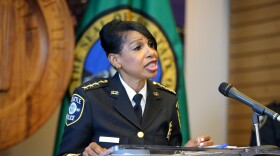 Seattle Police Chief Carmen Best announces her resignation at a press conference at Seattle City Hall on Aug. 11. Her departure comes after months of protests against police brutality and votes by the city council to defund her department. CREDIT: Karen Ducey/Getty Images
