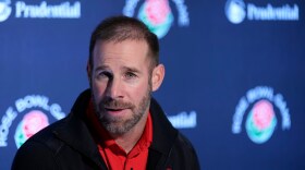 FILE - Utah defensive coordinator Morgan Scalley fields questions during a news conference ahead of the Rose Bowl NCAA college football game against Penn State Dec. 29, 2022, in Los Angeles.
