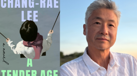 The cover of "A Tender Age" beside Chang-Rae Lee. (Courtesy of Michelle Lee)