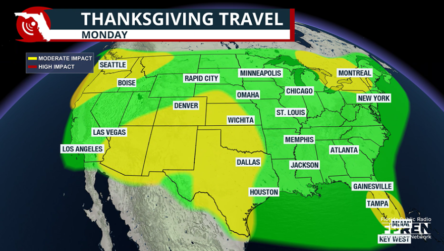 Monday travel forecast map across country.