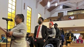 People line up to speak during a reparations task force meeting at Third Baptist Church in San Francisco on April 13, 2022.