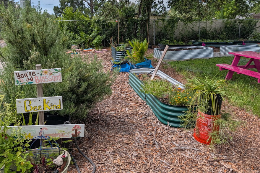 Garden with plants and signs that say "You're so blossom" and "BeeKind" 