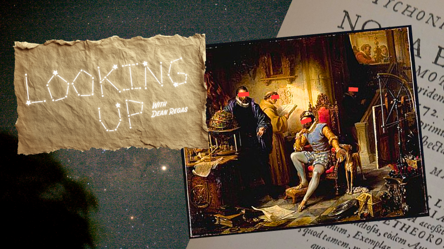 A torn-paper collage reads, “Looking Up with Dean Regas," beside a dramatic, candlelit painting of seated figures in an ornate room, evoking mystery.