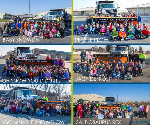 Nampa students stand next to the plows they helped name.