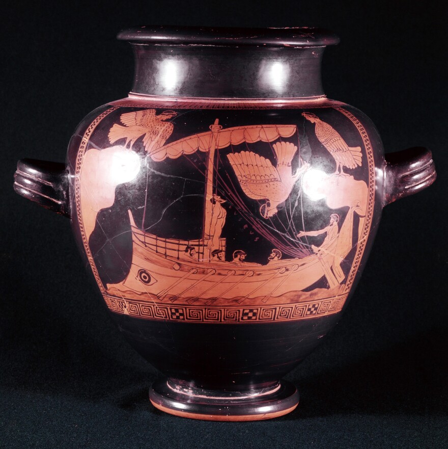 The recently discovered shipwreck reveals details that are similar to the ship on this famed ancient Greek vase, which dates to the fifth century B.C. and depicts Odysseus tied to the mast to brave the sirens.