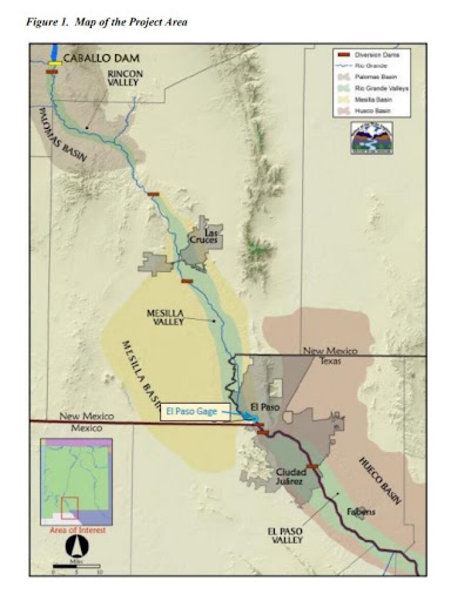 Map showing new point to deliver Rio Grande water between Texas and New Mexico, at an existing stream gage in East El Paso.