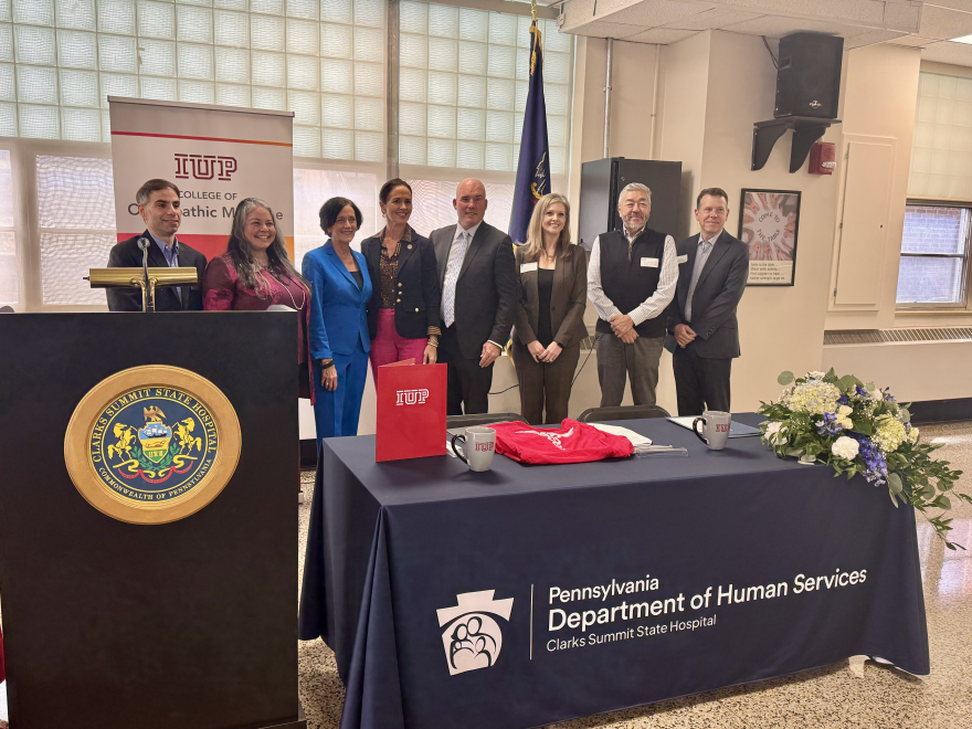 From left, Associate Dean of clinical affairs and graduate medical education at Indiana University College of Osteopathic Medicine (IUPCOM) Dr. Ryan Smith, founding dean of IUPCOM Dr. Miko Rose, Pa. Human Services Sec. Dr. Val Arkoosh, Pa. State Rep. Bridget Kosierowski, Pa. State Sen. Marty Flynn, Clarks Summit State Hospital CEO Kimberly Tenbus,
