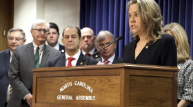 North Carolina state Sen. Amy Galey, an Alamance County Republican, speaks to reporters at a news conference in the Legislative Building in Raleigh, N.C., on Wednesday, Feb. 1, 2023. Galey said she was baffled that her Parents' Bill of Rights, which seeks to bar instruction about sexuality and gender identity in K-4 classrooms, is seen as divisive. (AP Photo/Hannah Schoenbaum)