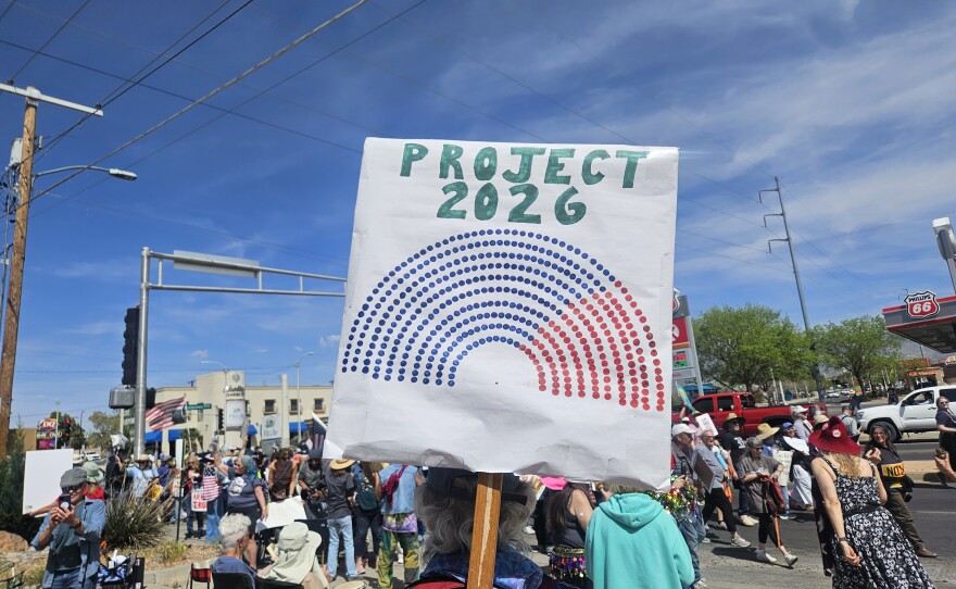 Sign at No Kings march shows a House of Representatives with a Democratic majority (blue).