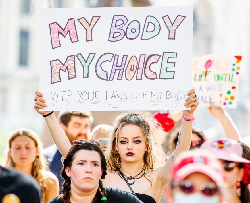 Amaya Stief, 22, of Bethalto, demonstrates on Monday, July 4, 2022, during an abortion rights demonstration in downtown St. Louis.