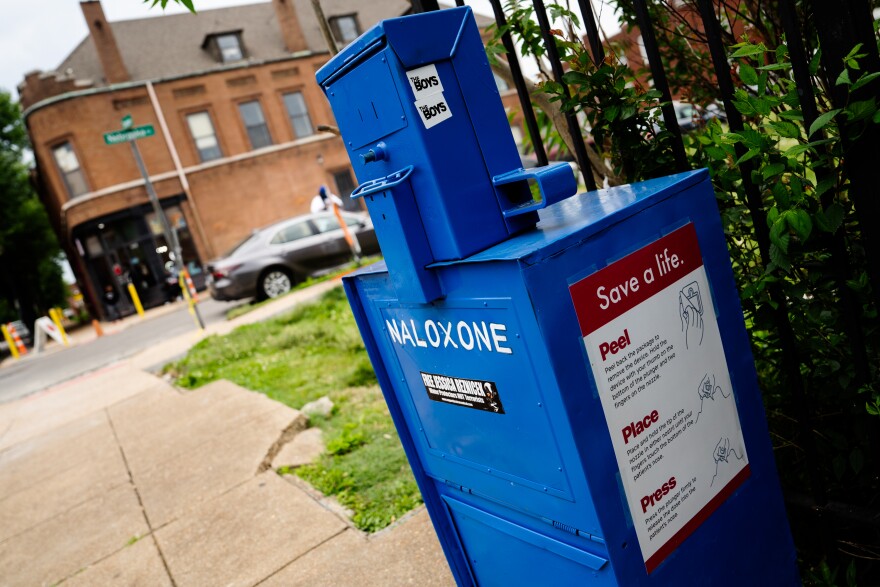 A converted newspaper box holds Naloxone, commonly known as the opioid overdose treatment Narcan, on Friday, May 19, 2023, at Love Bank Park on Cherokee Street. 