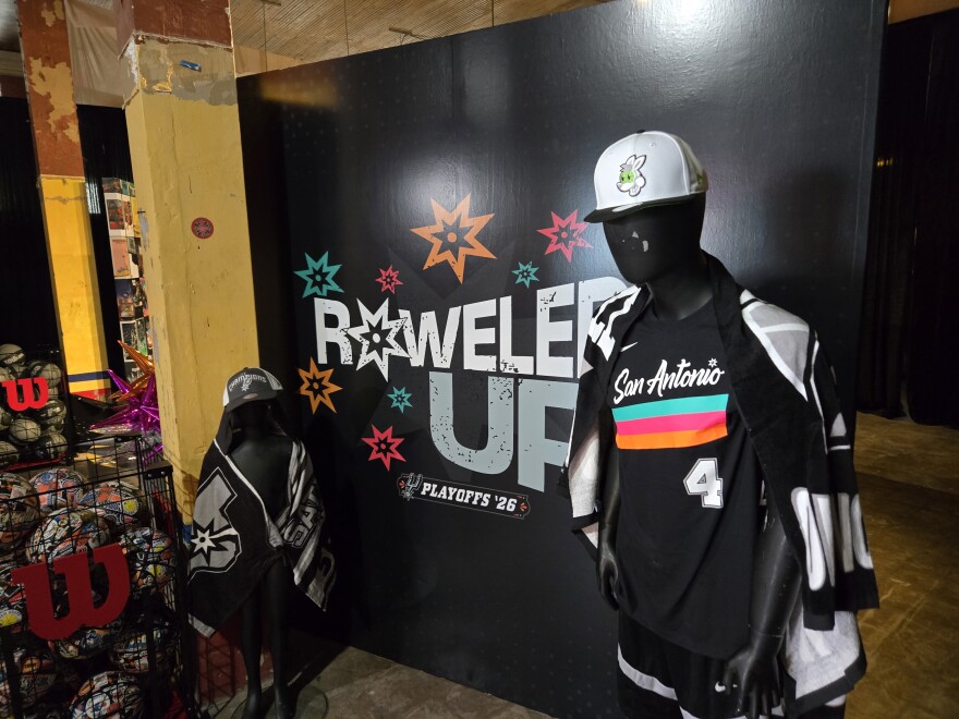 This colorful Spurs mannequin greets shoppers at the Pop-Up Fan Shop at 333 West Commerce, which is located below Texas Public Radio, halfway between City Hall and Market Square