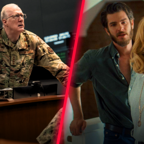 From left to right: Tracy Letts in the 2025 film A House of Dynamite; Andrew Garfield and Julia Roberts in the 2025 film After the Hunt.