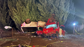Two destroyed vehicles lie on the side of the road after a crash.