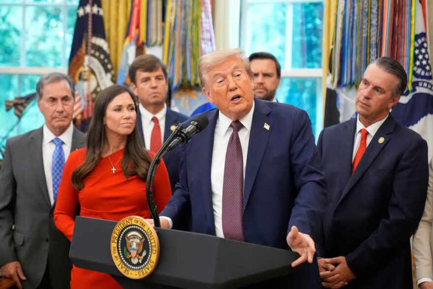 President Donald Trump speaks during an event about the relocation of U.S. Space Command headquarters from Colorado to Alabama in the Oval Office of the White House, Tuesday, Sept. 2, 2025, in Washington.