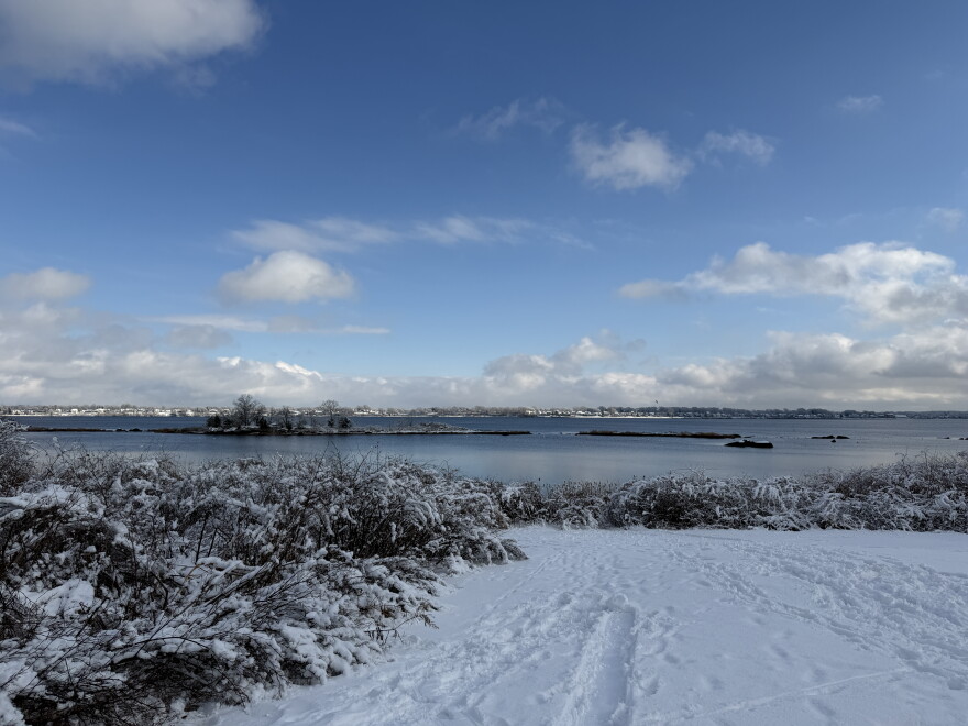 Snow covers the coast from this view along Narragansett Parkway in Warwick.