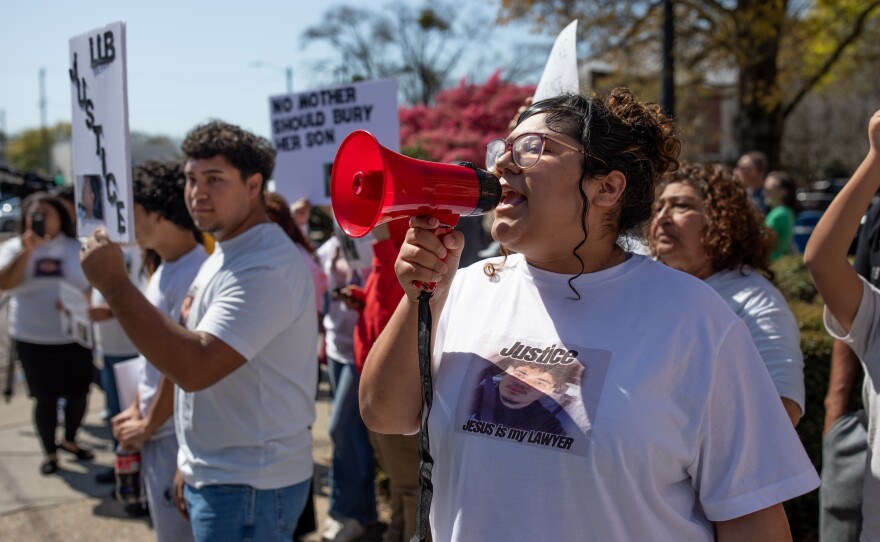 Genesis Espinoza Sierra, Edilberto Espinoza Sierra's 18-year-old sister, leads a protest with family and friends in downtown Wilmington on March 14, 2026. Edilberto, 21, was shot and killed by Wilmington Police Department officers and New Hanover County Sheriff's Office deputies in a downtown parking garage during the early morning hours of March 8, 2026. The family is calling for an investigation and release of information surrounding the shooting.