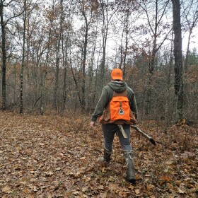 A hunter walks through the wood during the Wisconsin grouse hunt season.