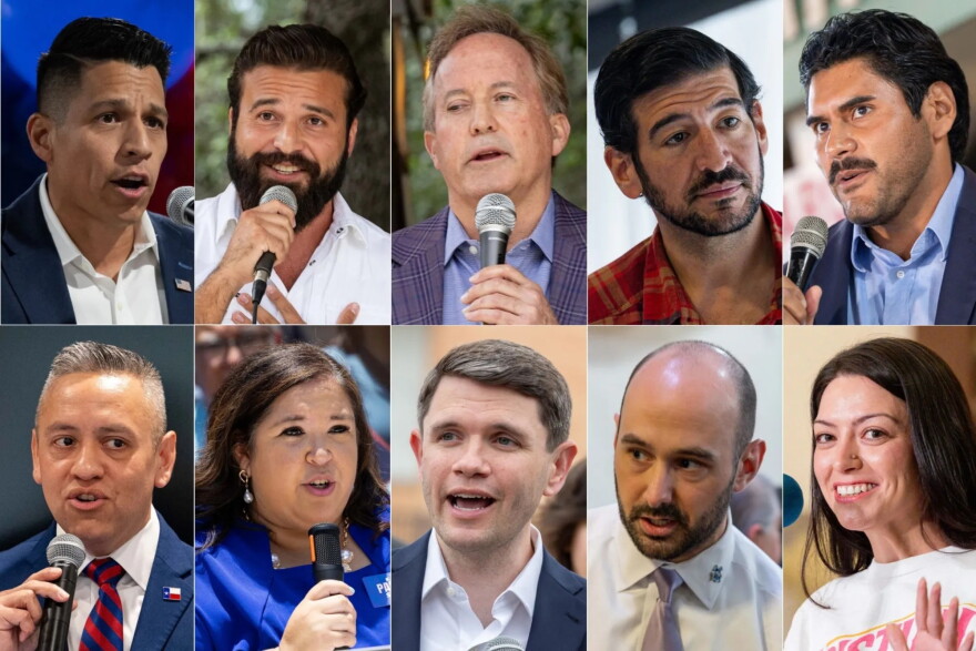 From top left: Republicans Carlos De La Cruz, Brandon Herrera, Ken Paxton, Marc LaHood and Jorge Borrego are shown. From bottom left: Johnny Garcia, Katy Padilla Stout, James Talarico, Zack Dunn and Kristian Carranza are shown.