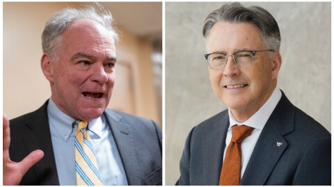 Senator Tim Kaine and Virginia Tech president Timothy Sands.