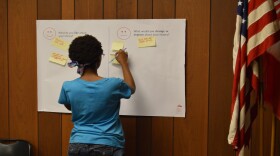 A community member posts feedback during a listening session in July at the Hyde Park branch.
