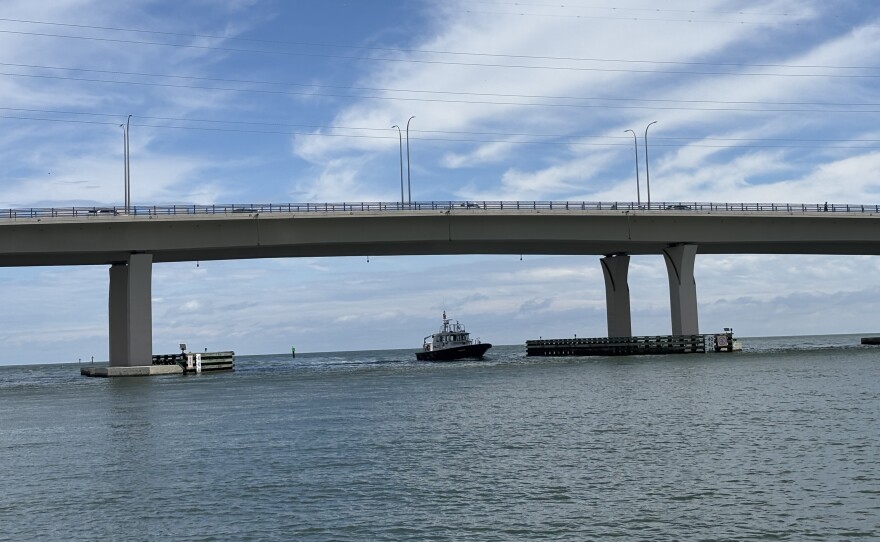 A north-facing view of the Lesner Bridge at Lynnhaven Inlet in Virginia Beach in May 2025. A proposed surge barrier would stretch across the channel on the north side of the bridge.