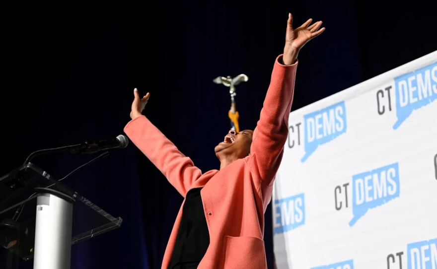 Rep. Stephanie Thomas of Norwalk won the party endorsement for secretary of the state at the Democratic convention in Hartford on May 7, 2022. JOE AMON / CONNECTICUT PUBLIC