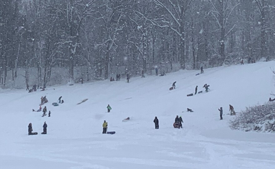 Hospital Hill in Northampton, Massachusetts, was a busy sledding spot even as the snow continued to fall on Sunday afternoon, January 7, 2024.