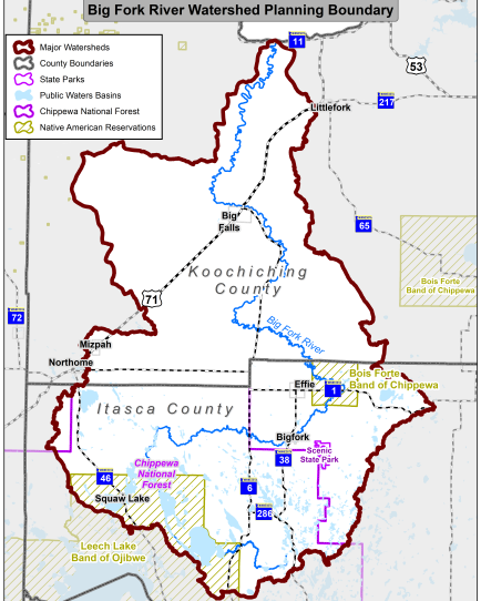 The Big Fork River watershed spans Itasca and Koochiching counties.