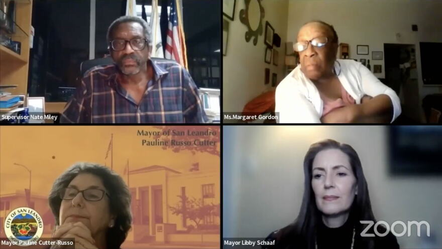 Alameda County Supervisor Nate Miley convened a 2021 virtual town hall to discuss the I-580 truck ban. He was joined by former Oakland Mayor Libby Schaaf, former San Leandro Mayor Pauline Cutter, and WOEIP founder Margaret Gordon, among others.