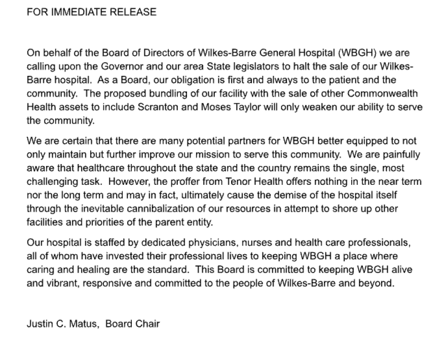 Wilkes-Barre General Hospital's Board of Directors released this statement on Friday, Aug. 8, 2025.
