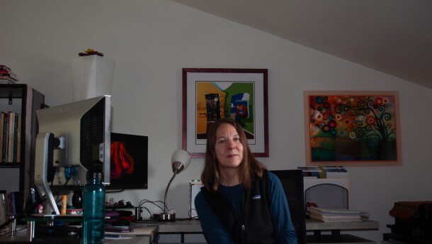 A woman sits at a computer in her office. 